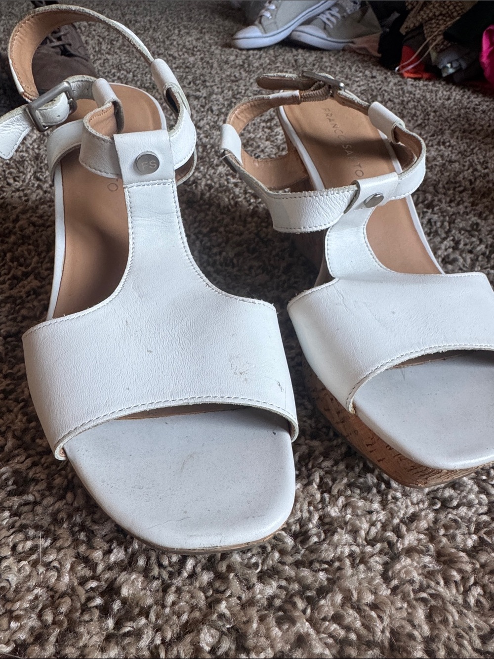 Franco Sarto White T-Strap Cork Wedge Sandals